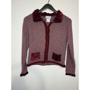 Vintage April Cornell Crimson Red Silk Velvet Knit Cardigan Sweater Size Sm